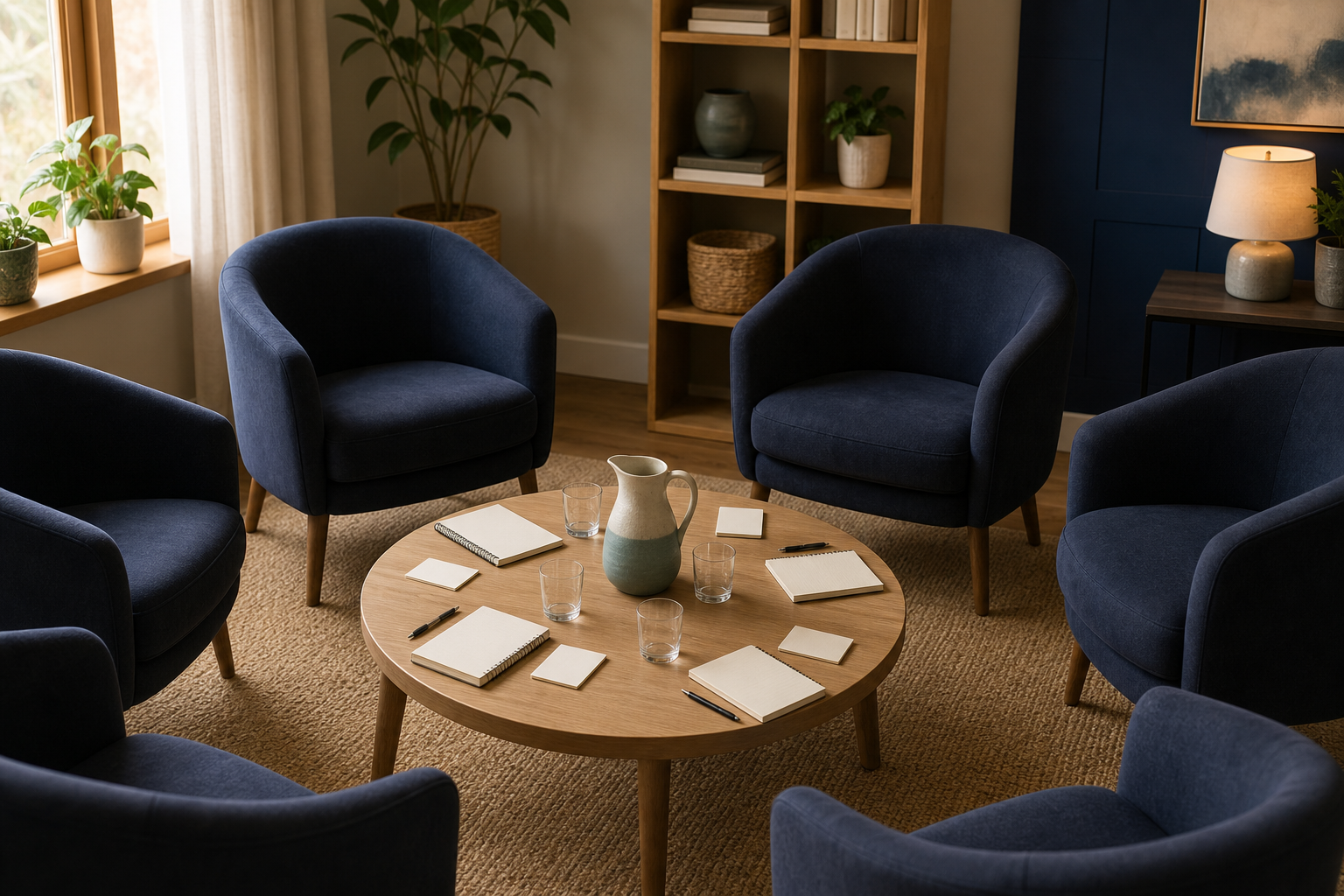 Empty chairs arranged in a welcoming circle around notebooks prepared for a group conversation